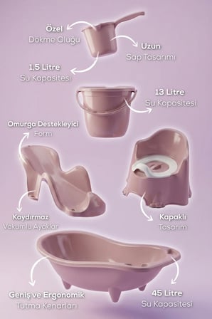 5'li Fileli Set Yenidoğan Küvet Seti Pembe