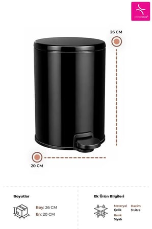 Cigo Çelik Çöp Kovası 3 Litre Mutfak - Banyo - Ofis Siyah Metal