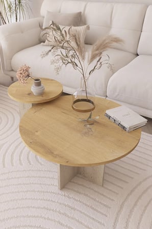 2 li Orta Sehpa Seti, 72 cm, 40 cm - Safir Meşe & Traverten