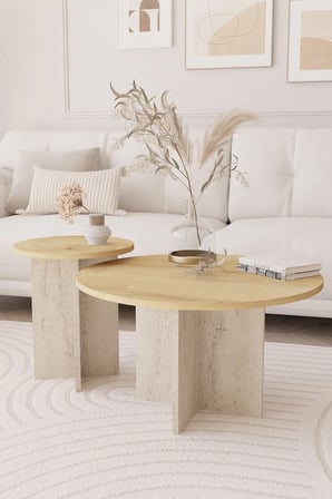2 li Orta Sehpa Seti, 72 cm, 40 cm - Safir Meşe & Traverten