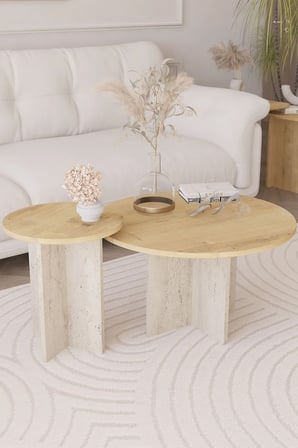 2 li Orta Sehpa Seti, 72 cm, 40 cm - Safir Meşe & Traverten
