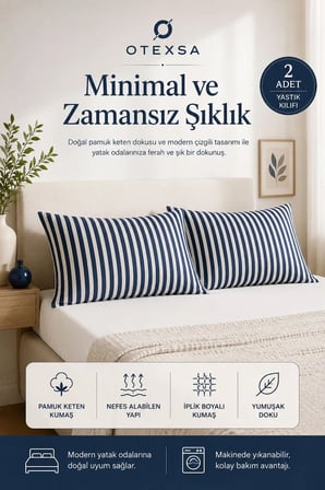 Pamuk Keten Çizgili Yastık Kılıfı 50x70 cm 2 Adet