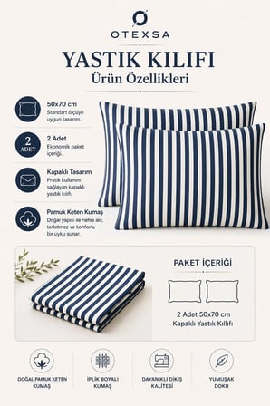 Pamuk Keten Çizgili Yastık Kılıfı 50x70 cm 2 Adet