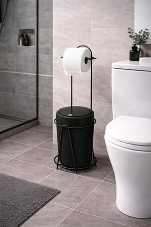 Ayaklı WC Kağıtlığı Çöp Kovası Seti, Metal Askılı WC Kağıtlık Standı