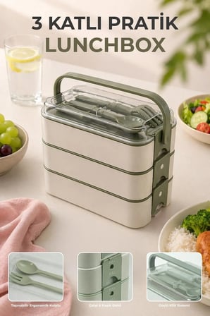 3 Katlı Bölmeli Kilitli Lunchbox Taşıma Saplı Kaşık Çatal Dahil
