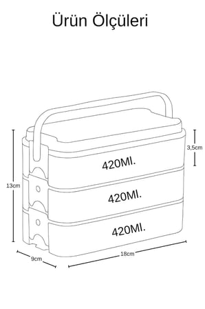 3 Katlı Bölmeli Kilitli Lunchbox Taşıma Saplı Kaşık Çatal Dahil