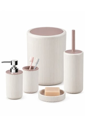 5 Parça Banyo Seti Krem Pudra Kovalı Banyo Aksesuar Seti