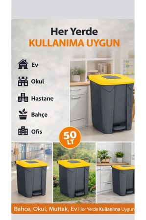 1 adet Pedallı Çöp Kovası 50 LT İç Kovalı Büyük Boy Plastik Çöp Kutusu Ev O