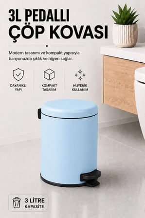 Pedallı Çöp Kovası 3 Litre İç Kovalı Kapaklı Banyo Çöp Kutusu Bebek Mavisi