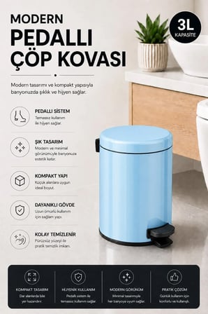 Pedallı Çöp Kovası 3 Litre İç Kovalı Kapaklı Banyo Çöp Kutusu Bebek Mavisi