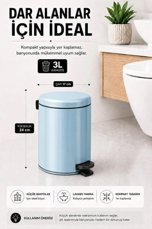Pedallı Çöp Kovası 3 Litre İç Kovalı Kapaklı Banyo Çöp Kutusu Bebek Mavisi