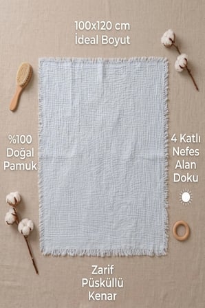 Bebek Battaniye %100 Pamuk Müslin & 4 Katlı & Açık Mavi (100X120 CM)(250 Gr