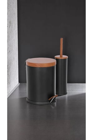 Ahşap Kapak 2 Li Çöp Kovası Banyo Seti Siyah
