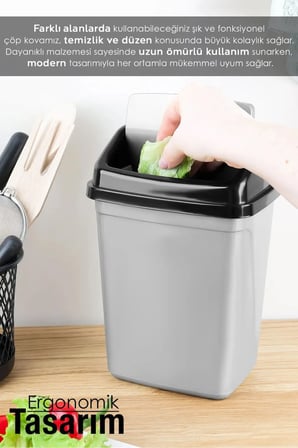 5Lt Kapaklı Çöp Kovası - Ev Mutak Ofis Tezgah Üstü Plastik Çöp Kutusu Gri