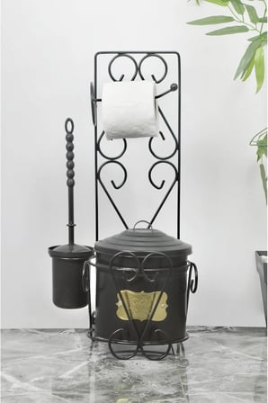 Vintage Tasarım Tuvalet Seti, Tuvalet Fırçası ve Çöp Kovası, Set 57x28x22cm