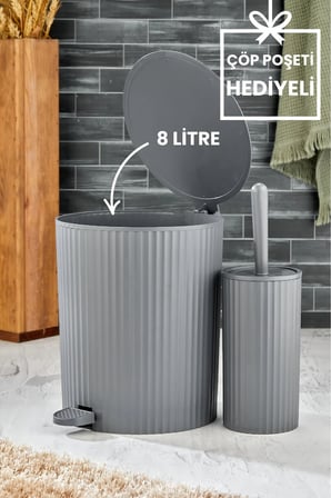 ESTE - 2 Parça Pedallı Banyo Seti - Pedallı Çizgili Yuvarlak Çöp Kovası WC