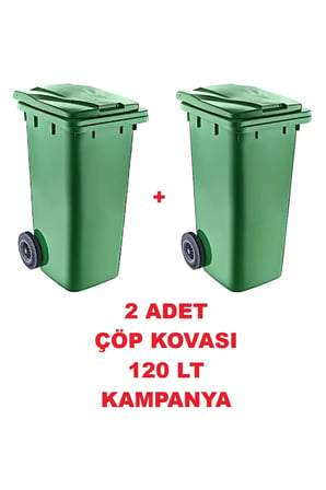 2 ADET Çöp Kovası Kapaklı Tutma Saplı Özel Çöp Konteyneri 120 Lt ( Yeşil )
