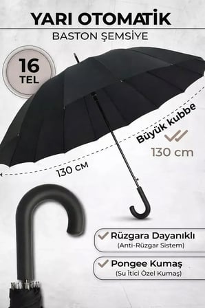 16 Telli Hafif Fiber Gövdeli Rüzgara Dayanıklı Su İtici Baston Şemsiye