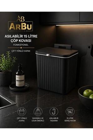 SİYAH 15 Lt Mutfak Tezgah Üstü Ve Dolap Askılı Çöp Kovası