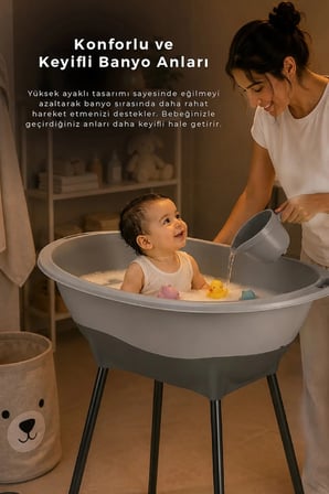Yeni Nesil Elegant Su Tahliyeli Giderli Ayaklı Bebek Küveti Soft Gri