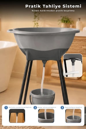 Yeni Nesil Elegant Su Tahliyeli Giderli Ayaklı Bebek Küveti Soft Gri