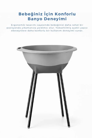 Yeni Nesil Elegant Su Tahliyeli Giderli Ayaklı Bebek Küveti Soft Gri