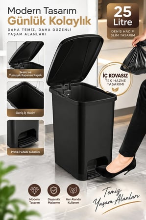 Slim Pedallı Banyo Mutfak Çöp Kovası(İÇ KOVASIZ) - 25 Litre - Siyah