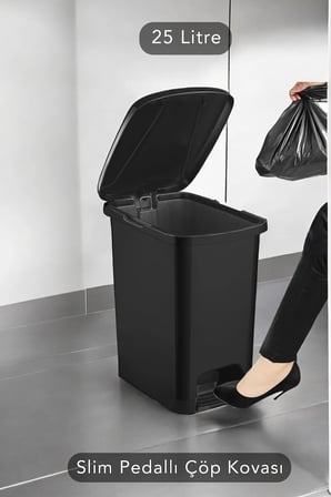 Slim Pedallı Banyo Mutfak Çöp Kovası(İÇ KOVASIZ) - 25 Litre - Siyah