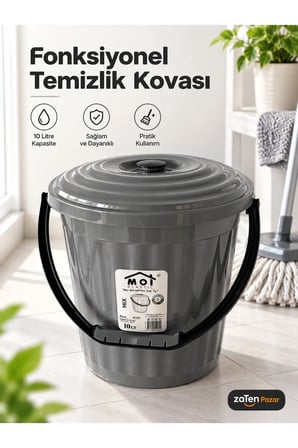 10 Litre Kapaklı Kulplu Plastik Su ve Temizlik Kovası Çizgili Banyo Ev Temi