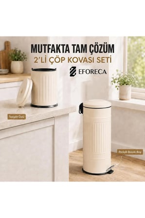 2’li Mutfak Çöp Kovası Seti – Pedallı Büyük Boy & Tezgah Üstü Mini Kova Kre