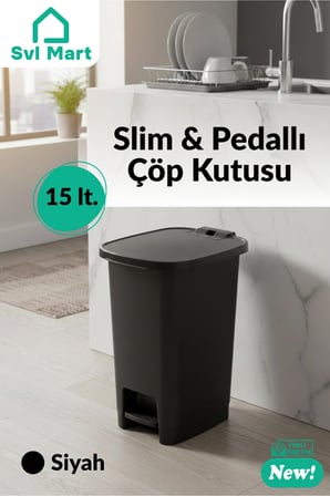 15 Litre Slim & Pedallı Plastik Çöp Kovası Çöp Kutusu İç Kovasız Sistem