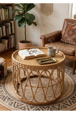 Bambu Rattan Orta Sehpa 71 cm El Yapımı 45 cm Yükseklik