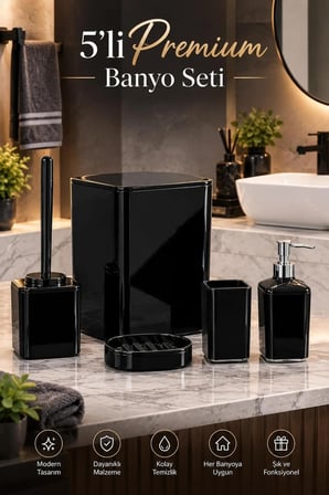 Banyo Seti 5'li Yuvarlak Siyah Premium Lüks