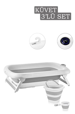 3'lü Set Termometreli Katlanır Bebek Küvet Set Kaymaz Ayaklı Dokunmatik Ekr