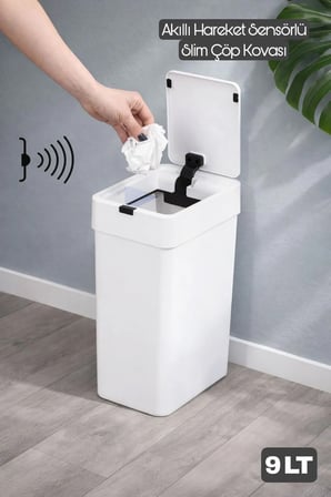 9 Lt Sensörlü Slim Çöp Kovası 5 Adet Çöp Torbası Hediyeli Otomatik Kapaklı