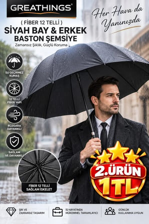 12 Telli Fiber Erkek Baston Şemsiye Siyah Klasik Saplı