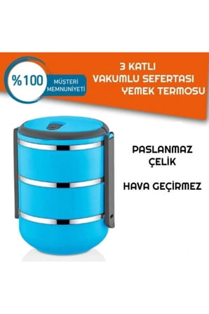 Sefer Tası Yemek Termosu Saklama Kabı 3 lü Mavi