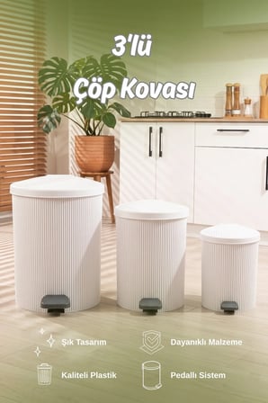 0709-1 Stil 3lü Yuvarlak Pedallı İçi Kovalı Çöp Kovası Seti - Banyo Mutfak