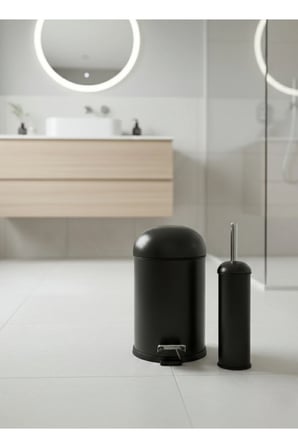 Metal Bon Kapak Amörtisörlü 5 LT Siyah Çöp Kovası Tuvalet Fırçası Banyo Set