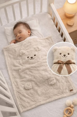 Ayıcık Figürlü Peluş Bebek Battaniyesi 90x100 cm – Yumuşak Bebek Battaniyes