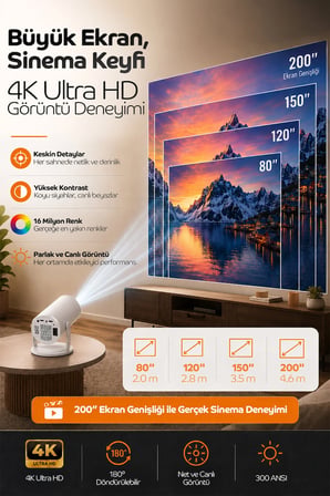 Yüksek Çözünürlükli 4K Android Taşınabilir Projektör, Wi-Fi ve Bluetooth Destekli