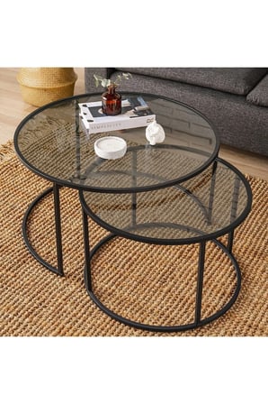 - Tokyo Orta Sehpa 80 cm Yuvarlak Füme Kırılmaz Cam 2 li Sehpa Takımı