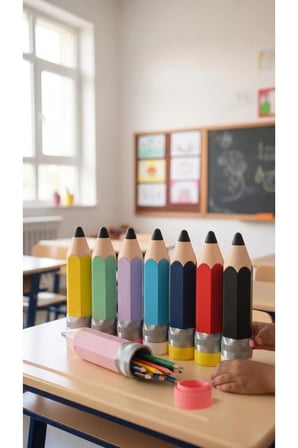 Renkli Kalem Şeklinde Kalemlik, Kolay Açılır Kapaklı, Okul Hediyesi