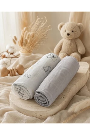 2'li Bebek Müslin Örtü 80x80 cm %100 Pamuk – Tek Katlı Müslin Battaniye, Ku