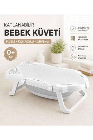 Bebek Küveti 33 LİTRE Katlanabilir File Hediyeli 2Li Set Uf Gri
