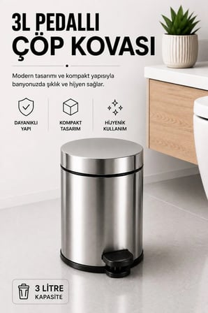 Pedallı Çöp Kovası 3 Litre İç Kovalı Kapaklı Banyo Çöp Kutusu Krom - Titan