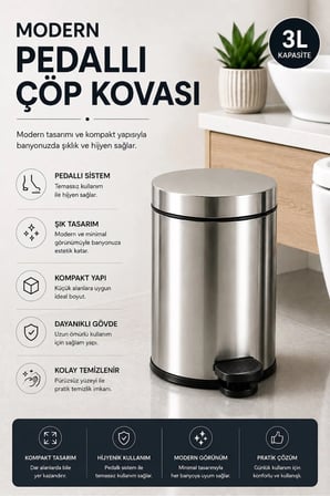 Pedallı Çöp Kovası 3 Litre İç Kovalı Kapaklı Banyo Çöp Kutusu Krom - Titan