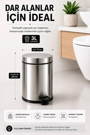 Pedallı Çöp Kovası 3 Litre İç Kovalı Kapaklı Banyo Çöp Kutusu Krom - Titan