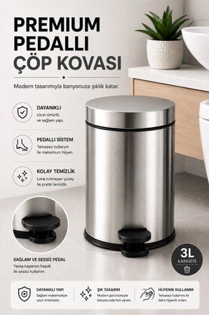 Pedallı Çöp Kovası 3 Litre İç Kovalı Kapaklı Banyo Çöp Kutusu Krom - Titan