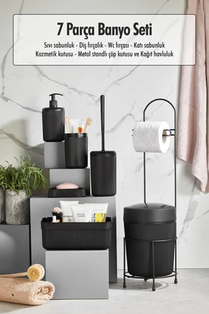 7 Parça Siyah Banyo Seti Metal Stantlı Kovalı Wc Kağıtlık Kozmetik Kutusu D